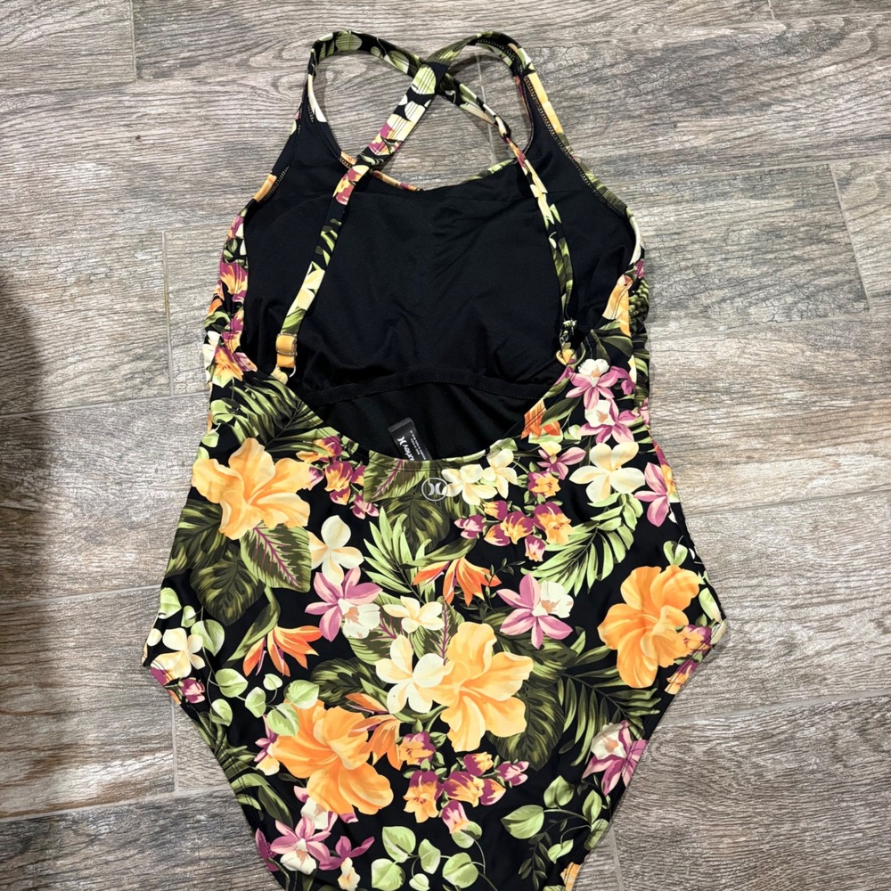 Hurley Tropical Floral One Piece Swimsuit Black XL Cross Back Built in Bra - Picture 2 of 8